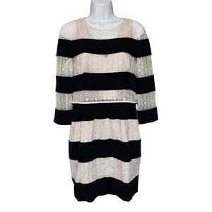 Karen Millen Striped Layered Lace Mini Dress Semi Sheer High Neck Pockets Size 8
